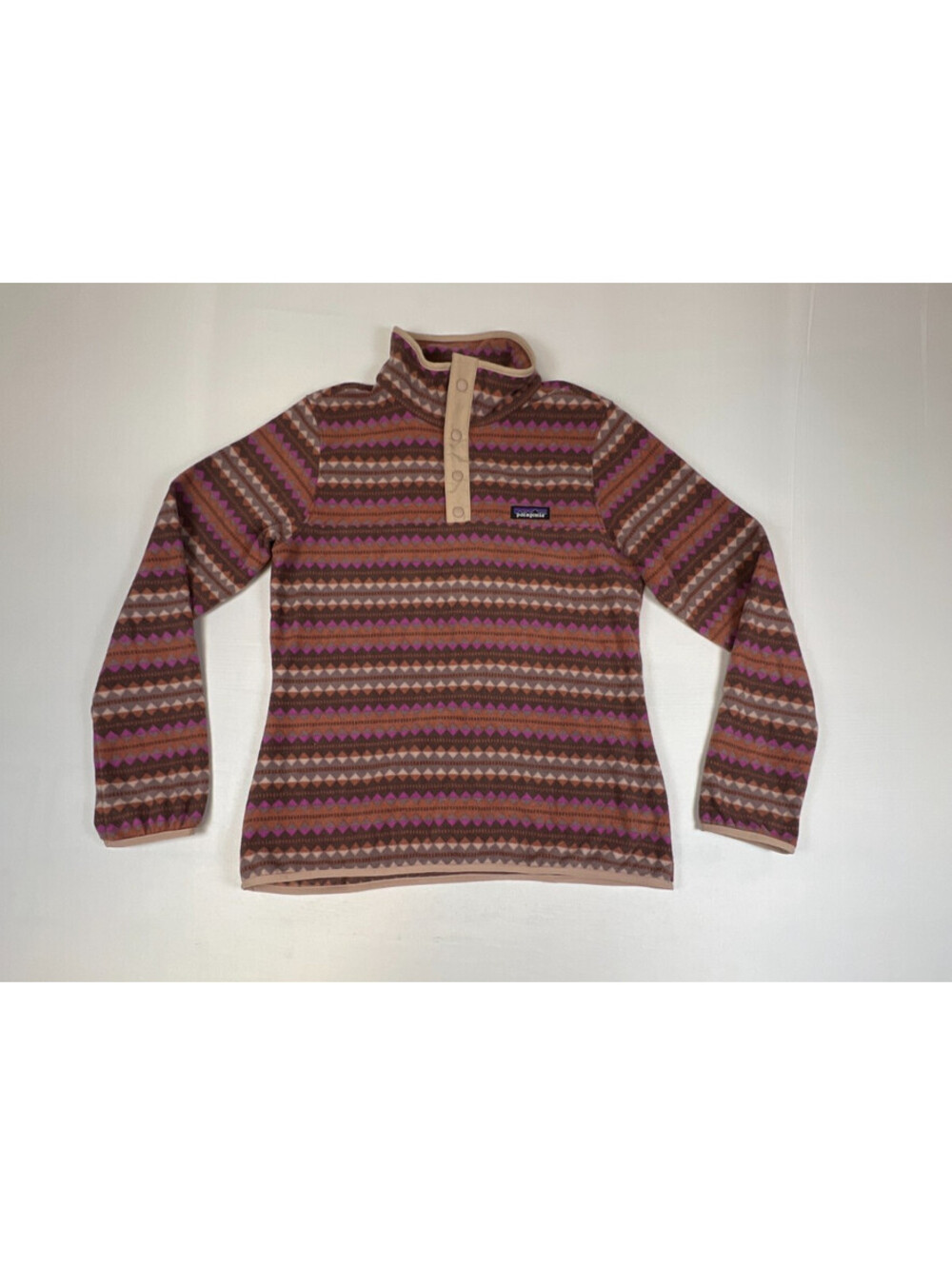 Patagonia Men M Snap T Pullover Fleece Brown Purple Geometric Print Retro Warm